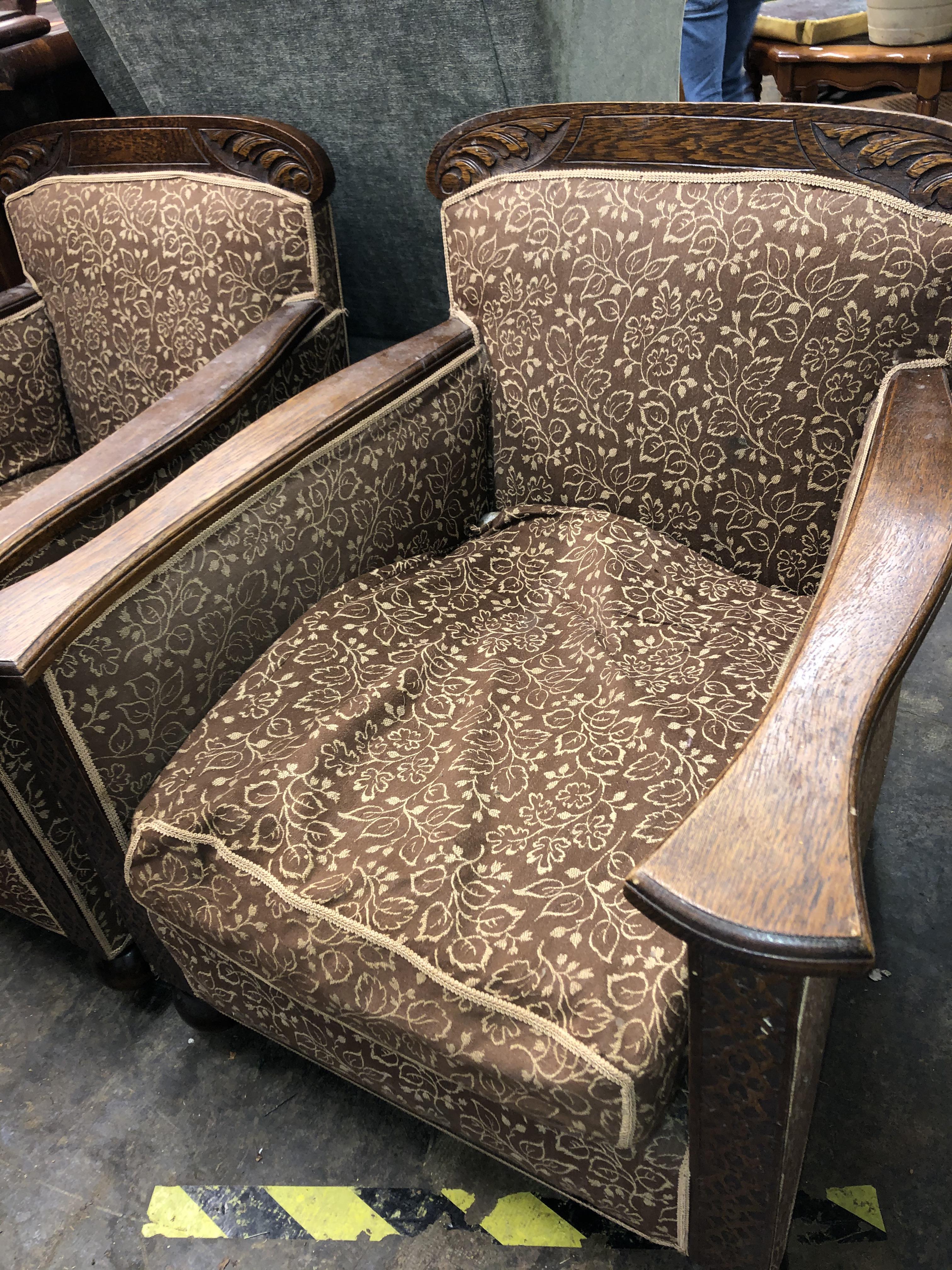 PAIR OF EDWARDIAN CARVED OAK FRAMED MOQUETTE ARMCHAIRS - Image 2 of 3