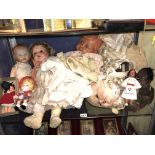SHELF OF MID 20TH CENTURY CELLULOID AND COMPOSITE DOLLS AND DRESS DOLLS