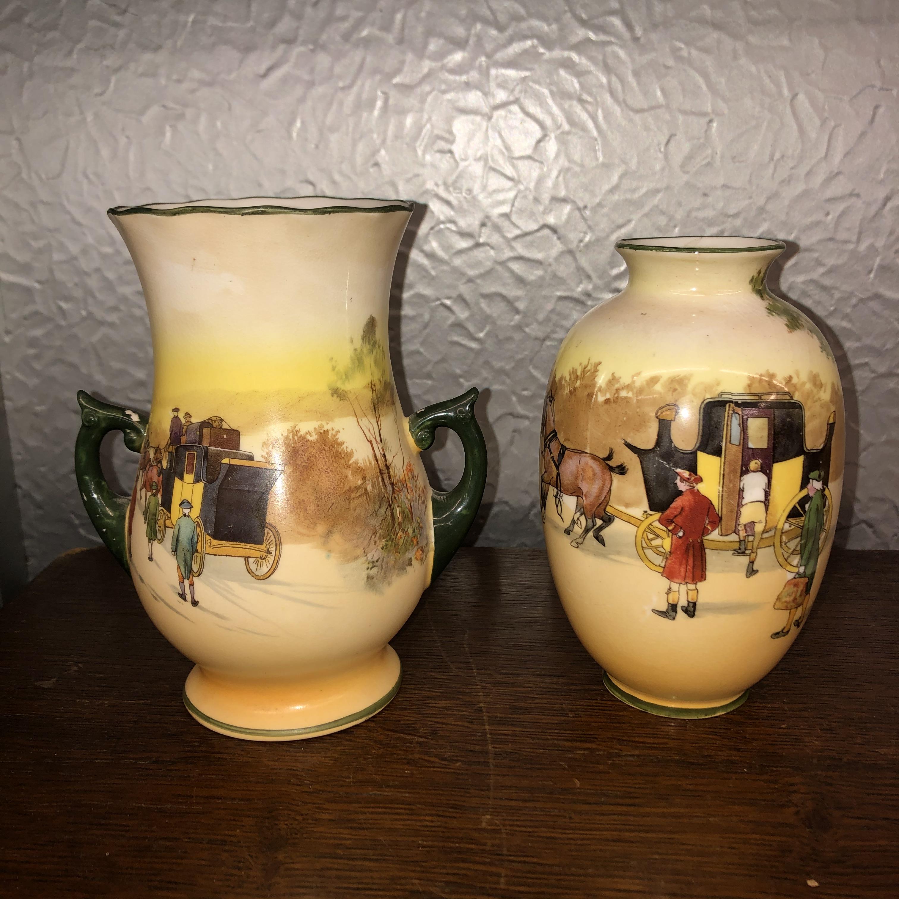 ROYAL DOULTON COACHING SERIES OVOID VASE AND TWO HANDLED VASE,