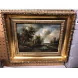 20TH CENTURY ENGLISH SCHOOL CHARLES ROSS OIL ON PANEL OF A RIVER LANDSCAPE IN GILDED FRAME 22CM X