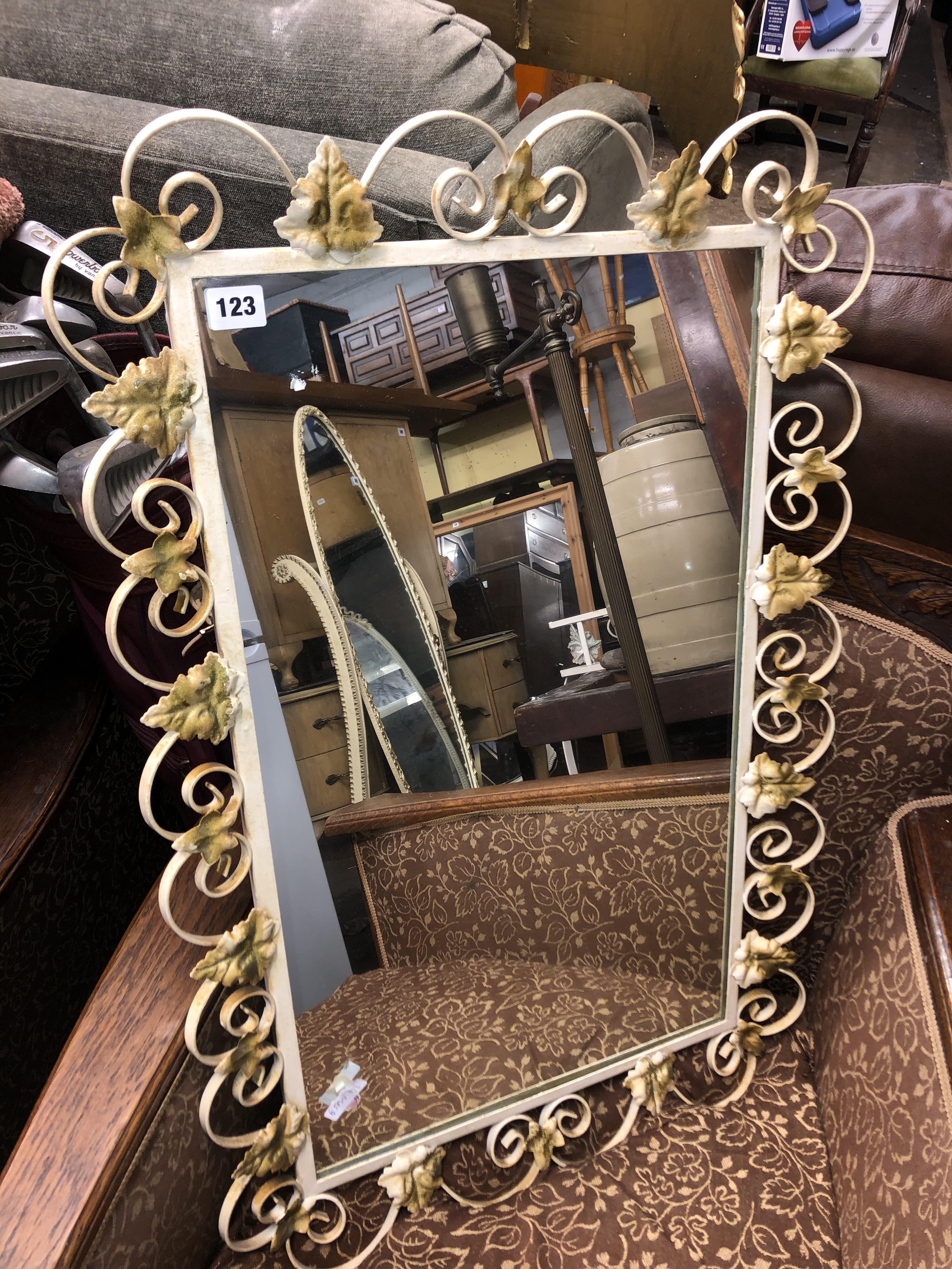 WROUGHT IRON QUADRANT GLASS TOPPED HALL TABLE AND MATCHING MIRROR