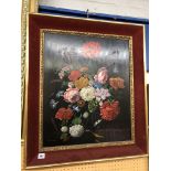 OILS ON BOARD STILL LIFE OF FLOWERS IN GILDED VELVET LINED FRAME 60CM X 50CM