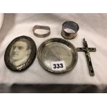 SMALL CRUCIFIX, TWO SILVER NAPKIN RINGS,