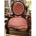 VICTORIAN WALNUT SHOW FRAME BUTTON UPHOLSTERED GENTLEMANS ARMCHAIR