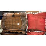 RATTAN AND SEAGRASS BOMBE SHAPED CASKET AND TWO ELEPHANT POMPOM CUSHIONS
