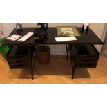 BLACK EBONISED MODERNIST DESK WITH STRIDE CHROME AND LEATHER CHAIR 136CM X 58CM X 72CM APPROX