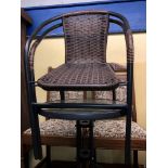 SMALL CIRCULAR GLASS TOP PATIO TABLE AND TWO STACKING RATTAN CHAIRS