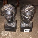 PAIR OF WROUGHT IRON FEMALE HEAD ANDIRONS