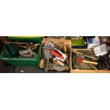 INSPECTION LAMP AND THREE BOXES OF TOOLS, PLASTERING TROWELS, HAMMERS,