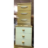 OAK EFFECT THREE DRAWER BEDSIDE CHEST AND A CREAM FRONTED THREE DRAWER CHEST