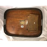 EPNS MAHOGANY GALLERY TRAY WITH SHIELD PLAQUE DATED 1891,