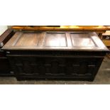 17TH CENTURY OAK THREE PANEL COFFER WITH CARVED LUNETTE AND ARCADED FRONT