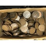 BOX OF MISCELLANEOUS PRE-DECIMAL COINS - PENNIES, FARTHINGS,