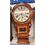 VICTORIAN WALNUT MARQUETRY INLAID CASED AMERICAN MOVEMENT WALL CLOCK WITH PENDULUM AND KEY 82CM X
