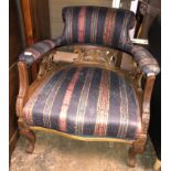 EDWARDIAN CARVED SHOW FRAME STRIPED UPHOLSTERED TUB CHAIR