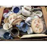 CONTENTS OF BOX - VARIOUS CERAMICS INCLUDING CROWN DEVON TEAPOT STANDS AND TEAPOTS, WEDGWOOD DISH,