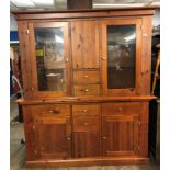 STAINED PINE GLAZED THREE DOOR DISPLAY CABINET CUPBOARD