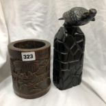 CARVED BAMBOO BRUSH POT AND EBONISED EAGLE CARVING