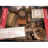 CONTENTS OF CARTON - BRIDGE AND CANASTA CARDS, SPIRIT MINIATURES, TREEN FIGURES, CARTON OF PEWTER,