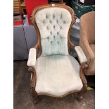 VICTORIAN WALNUT GREEN VELOUR BUTTONED ARMCHAIR