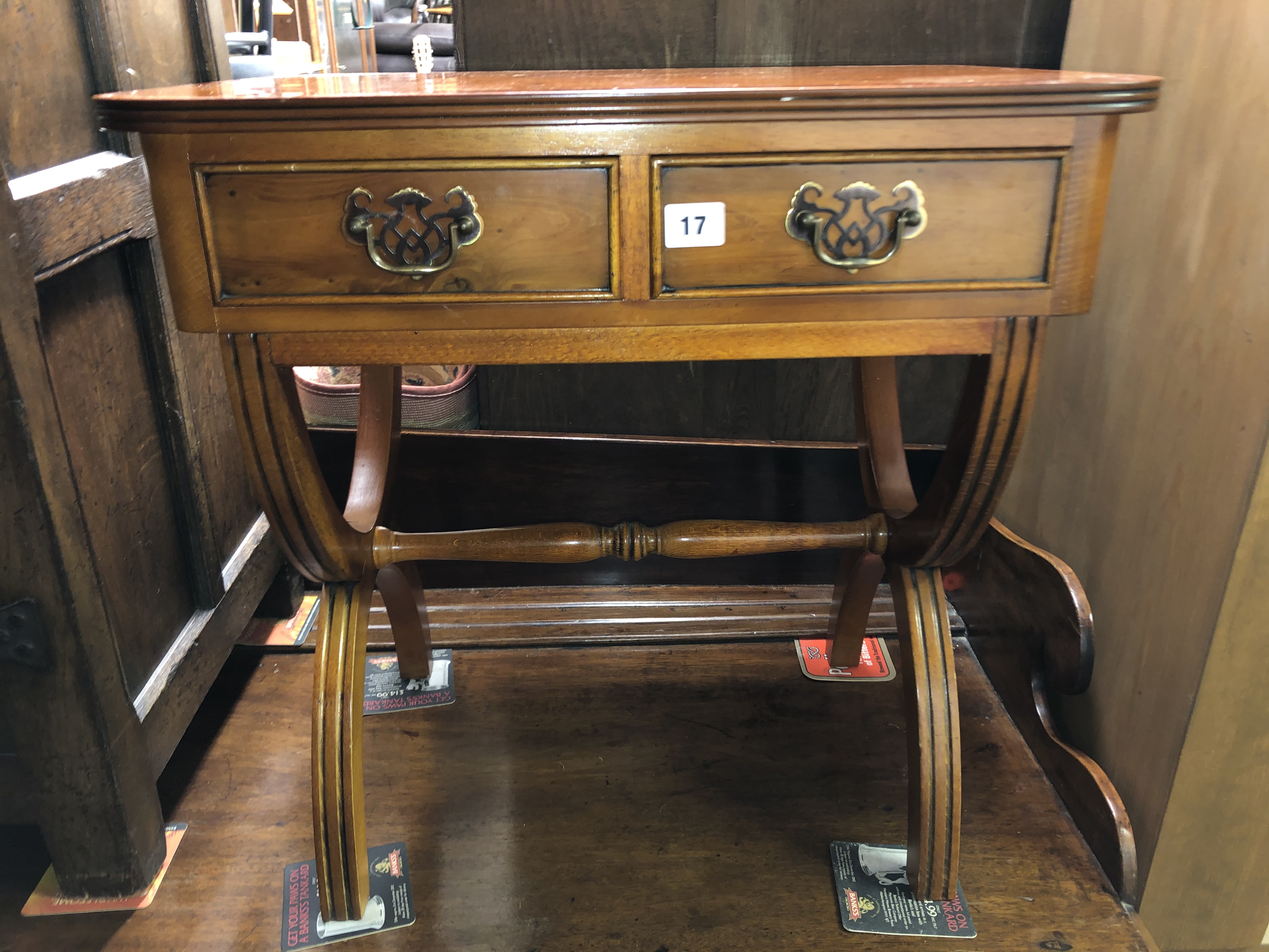 REPRODUCTION YEW WOOD CROSSBANDED LOW TABLE WITH CROSS STRETCHER W57CM X D42CM X H57CM