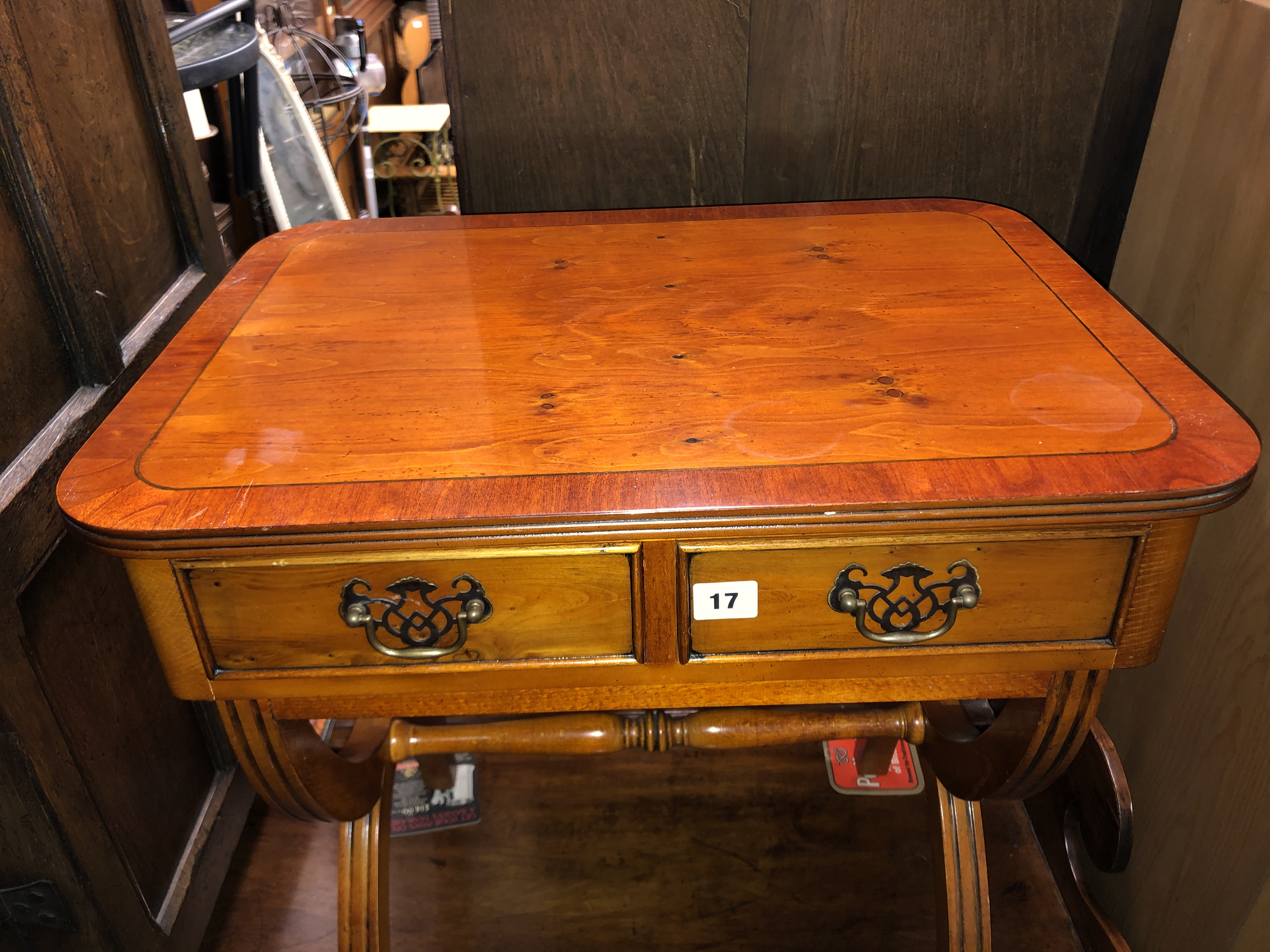 REPRODUCTION YEW WOOD CROSSBANDED LOW TABLE WITH CROSS STRETCHER W57CM X D42CM X H57CM - Image 2 of 2