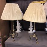 PAIR OF BRASS TRIPOD TABLE LAMPS AND A PAIR OF CANDLESTICK TABLE LAMPS