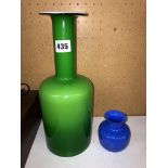 ITALIAN GREEN GLASS BOTTLE VASE AND A SMALL BLUE GLASS VASE