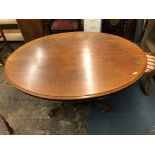 VICTORIAN MAHOGANY OVAL TILT TOP BREAKFAST TABLE ON CARVED QUADRIPARTITE BASE