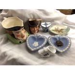 TWO CHARACTER JUGS, WEDGWOOD PIN DISHES,