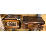 CARVED JEWELLERY BOX AND A DISTRESSED VICTORIAN WORKBOX AND CONTENTS