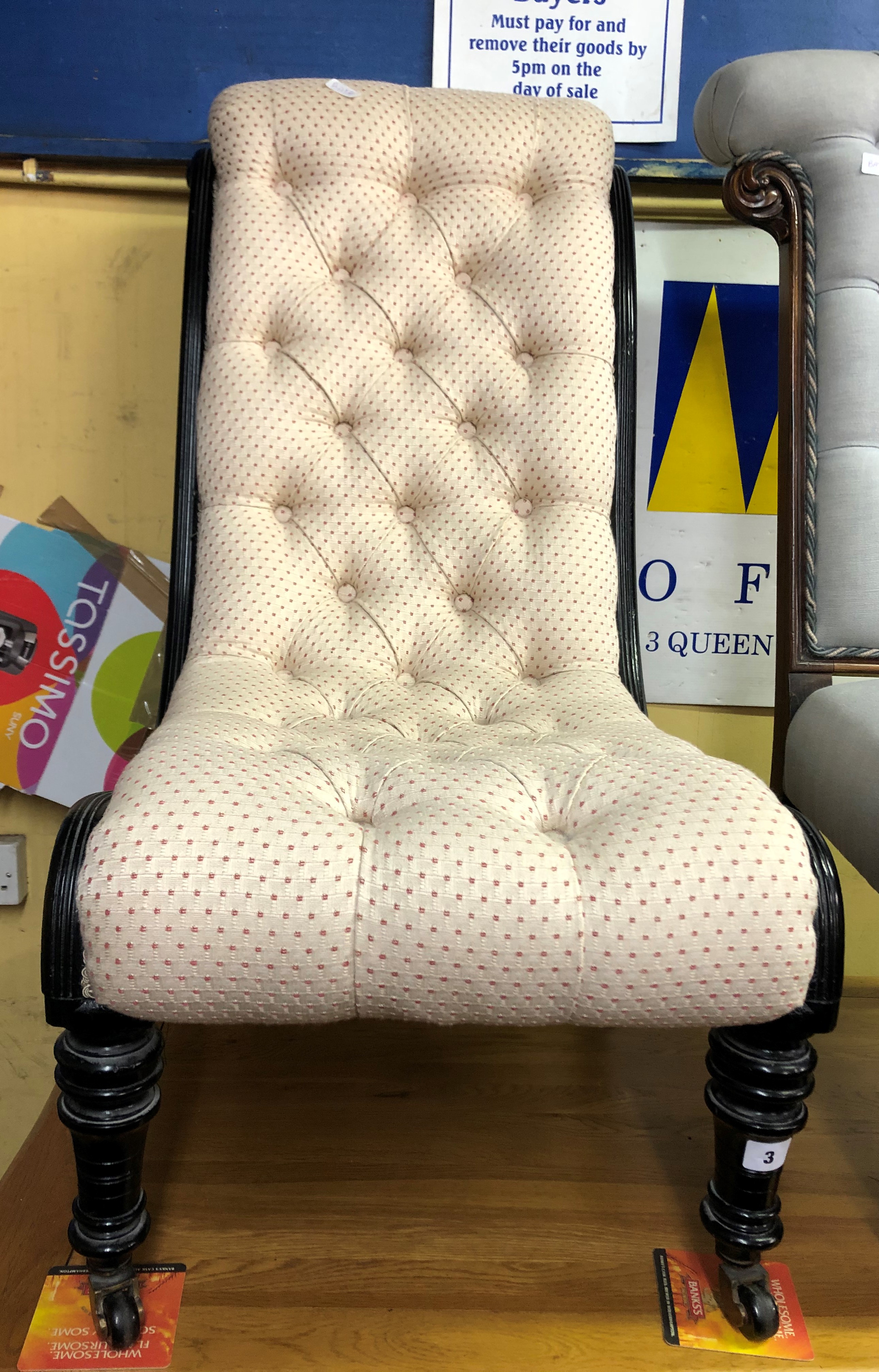 VICTORIAN EBONISED UPHOLSTERED BUTTON BACKED NURSING CHAIR