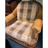 PAIR OF RATTAN CONSERVATORY ARMCHAIRS WITH MATCHING TABLE