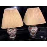 PAIR OF CRACKLE GLAZE BALUSTER TABLE LAMPS DECORATED WITH FLOWERS AND BIRDS
