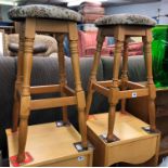 PAIR OF TURNED BEECH UPHOLSTERED KITCHEN HIGH STOOLS 66.