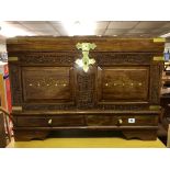 ROSE WOOD CARVED AND BRASS INLAID DOME TOP TRUNK WITH SIDE CARRYING HANDLES W76CM D42CM H57CM