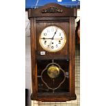 1930S OAK 8 DAY PENDULUM WALL CLOCK 78CM X 35CM APPROX.