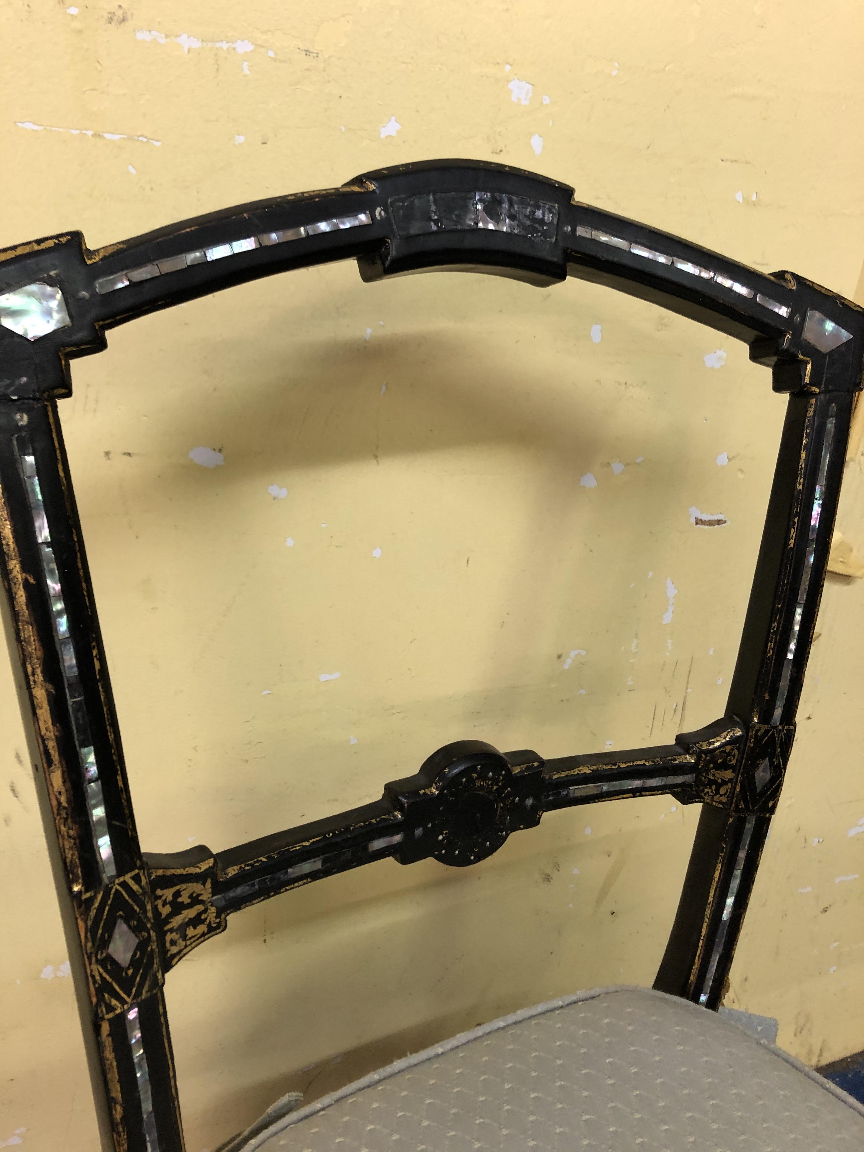 VICTORIAN EBONISED MOTHER OF PEARL INLAID AND GILDED BERGERE CHAIR - Image 3 of 4