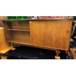 1960S TEAK GLASS AND WOODEN SLIDING DOOR CABINET 155CM W X 74.