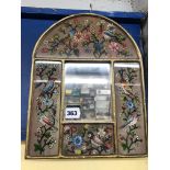 ARCHED SEGMENTED MIRROR DECORATED WITH COLOURFUL BIRDS ON BRANCHES 34CM X 25CM