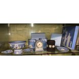 SHELF OF WEDGWOOD POWDER BLUE JASPERWARES - BOWLS, PIN TRAYS, GRADUATED JUGS,