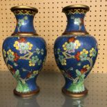 PAIR OF JAPANESE CLOISSONNE BALUSTER VASES DECORATED WITH BIRDS AMIDST BRANCHES ON A BLUE GROUND