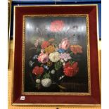 OILS ON BOARD STILL LIFE OF FLOWERS IN GILDED VELVET LINED FRAME 60CM X 50CM