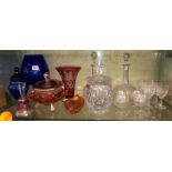 ETCHED GLOBE AND SHAFT DECANTERS, SIX ETCHED WINE GLASSES, CUT GLASS BISCUIT BARREL,