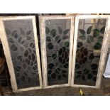 THREE ART NOUVEAU FLORAL DESIGN LEADED LIGHTS IN WOODEN FRAMES 58CM X 137CM