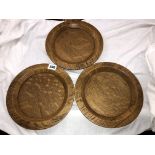 THREE CARVED OAK CHURCH COMMUNION PLATES 24CM DIAMETER