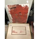 RED SEPIA WASH OF A LYING NUDE FEMALE SIGNED JORDAN AND DATED '76 F/G AND AN ABSTRACT OF A FACE