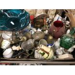 BOX CONTAINING PORCELAIN AND BRASS BELLS, SET OF COW BELLS, SMOKING PIPES, BOOMERANG, BRASSWARE,