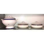 PAIR OF ALFRED MEAKIN BLEU DE ROI TUREENS AND COVERS AND A BLUE LINED SOUP TUREEN AND COVER