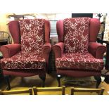 PAIR OF RED WING BACK DRALON ARMCHAIRS ON CABRIOLE LEGS